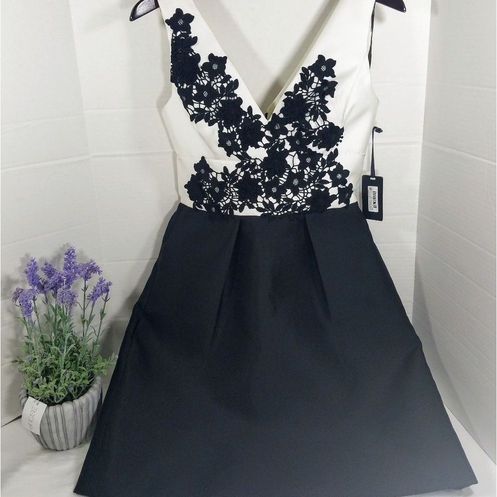 New Vera Wang Black White Applique A Line Dress Fomal Sleeveless